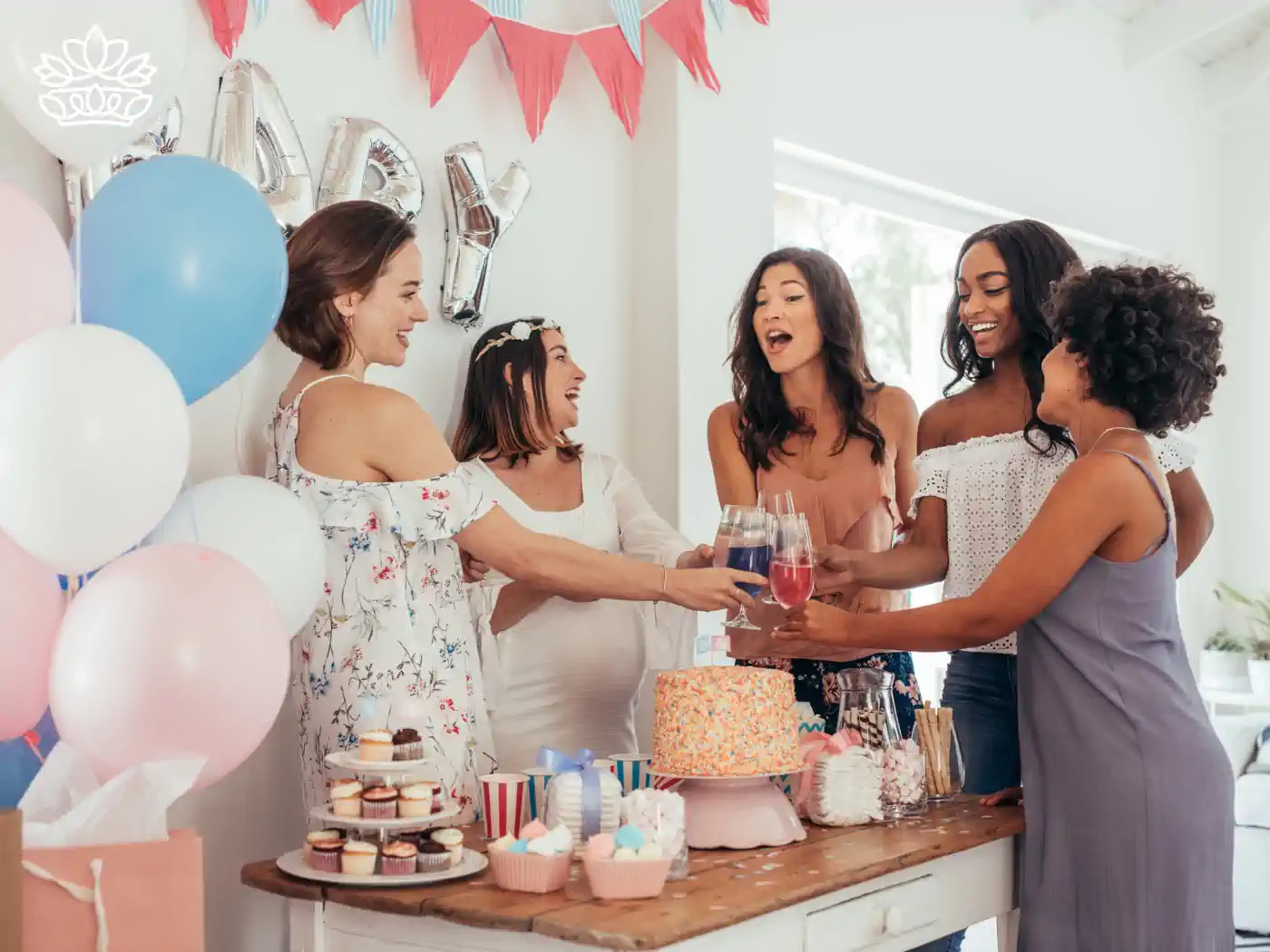 Friends Celebrating at a Baby Shower with Gift Boxes, Balloons, and Decorations - Fabulous Flowers and Gifts Collection.