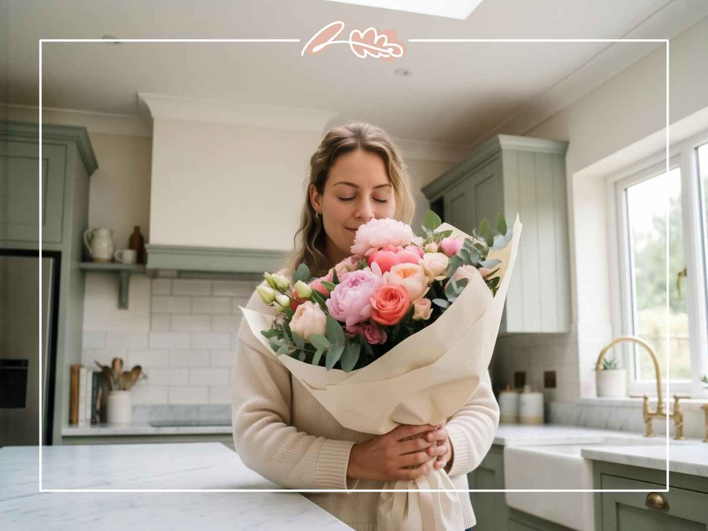 Hand-tied peonies South Africa bouquet held in a modern Cape Town kitchen, by Fabulous Flowers florist since 1999