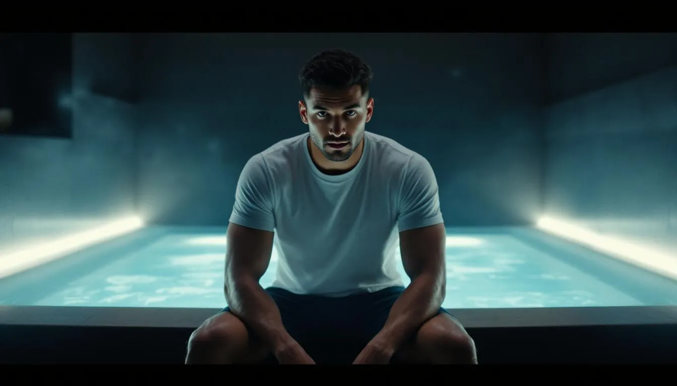 A person reflecting on personal growth while preparing for an ice bath, symbolizing milestones.