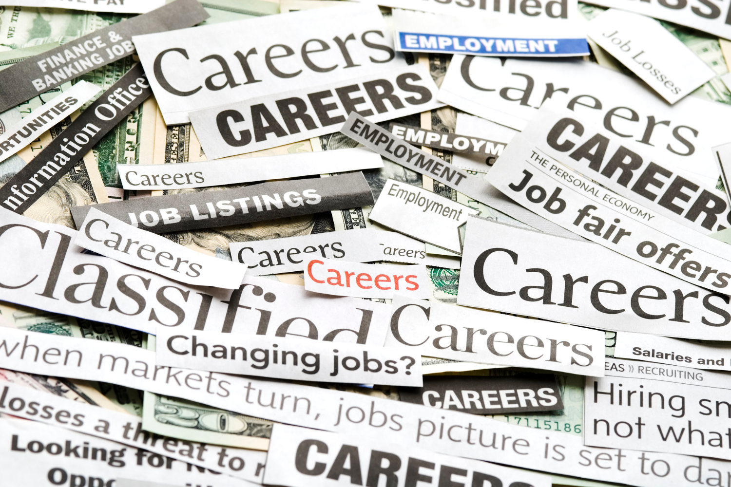 Newspaper clippings with the word pertaining to job opportunities.