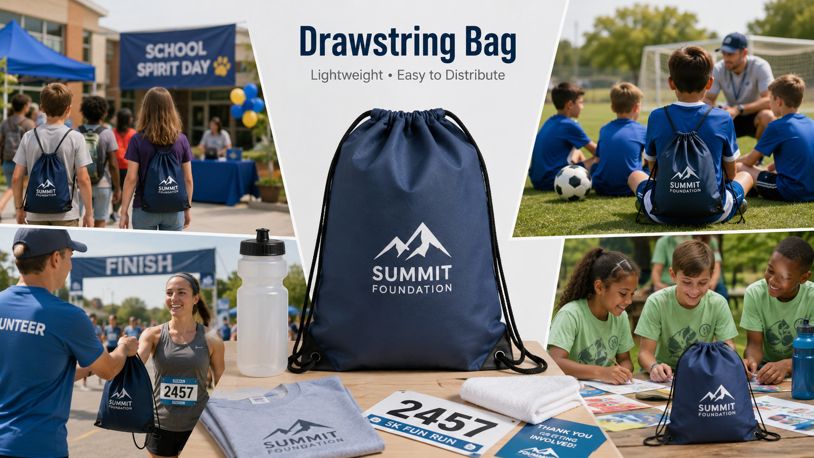 Custom drawstring bag for school events, sports programs, races, and high-volume giveaways