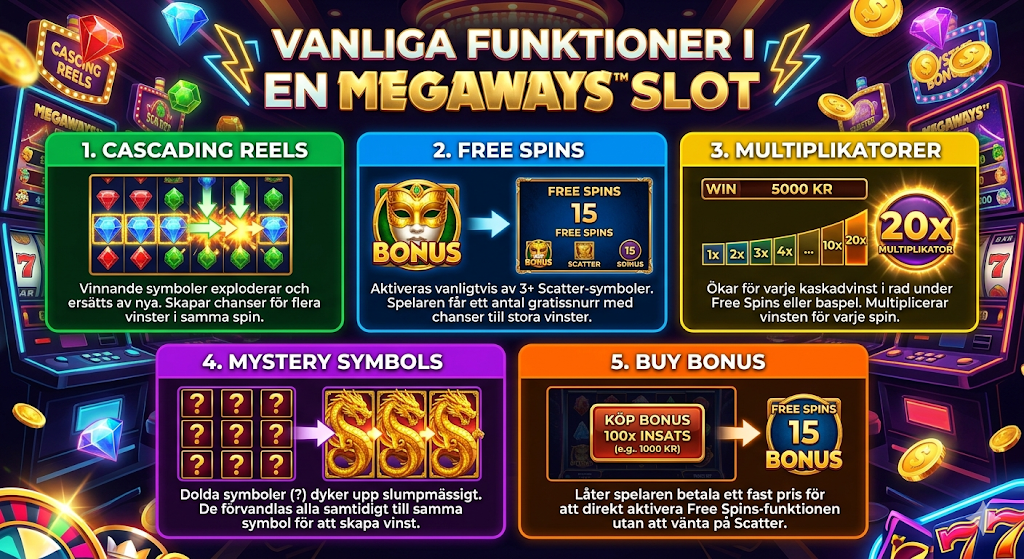 Vanliga funktioner i Megaways slots – free spins, multiplikatorer, cascading reels och bonusköp i populära slot spel med många vinstvägar på casino
