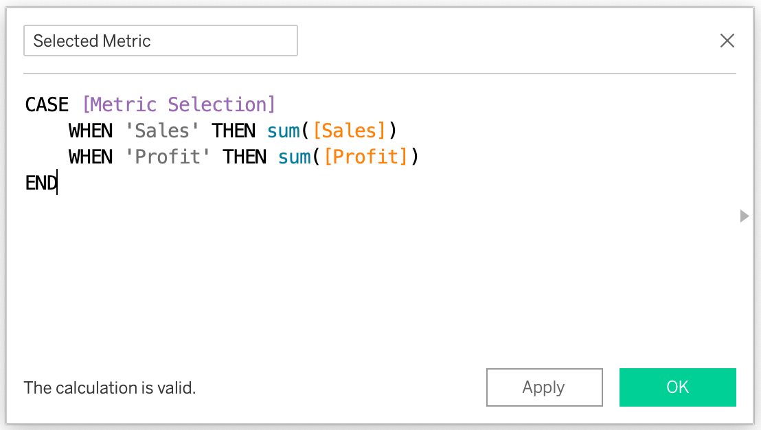 Use CASE statement to embed parameter value in a calculated field