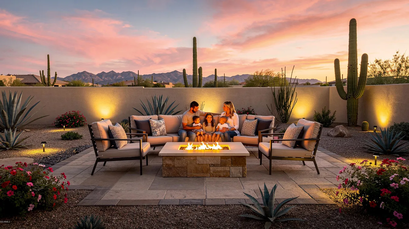 A family gathers around a cozy fire pit in their beautifully designed Arizona backyard, featuring comfortable outdoor seating, landscape lighting, and lush desert plantings, all bathed in the warm glow of sunset. This inviting outdoor space showcases the artistry of landscape design, creating a perfect setting for relaxation and enjoyment.