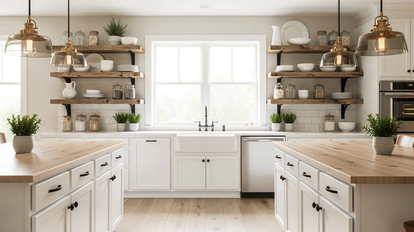 The image depicts a charming farmhouse-style kitchen featuring shaker cabinets, open shelving, and a large apron sink, all illuminated by warm pendant lighting. This inviting atmosphere highlights the potential of a kitchen renovation, showcasing a functional space perfect for a dream kitchen remodel.