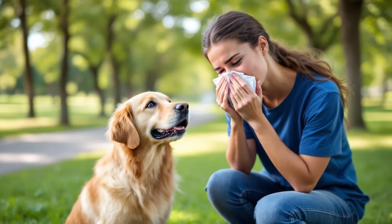 A person is shown experiencing allergy symptoms, such as a runny nose and watery eyes, while sitting near a golden retriever. The image highlights the challenges faced by allergy sufferers, particularly those with dog allergies, as they manage allergic reactions triggered by pet dander and dog fur.