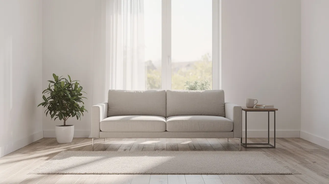 The image depicts a bright and airy living room featuring a small modern two-seater sofa in a neutral tone positioned beneath a large window, accompanied by a slim side table and a potted plant, creating a cosy space perfect for unwinding. The loveseat sofa invites couples to relax and enjoy the view while reading or sharing moments together.