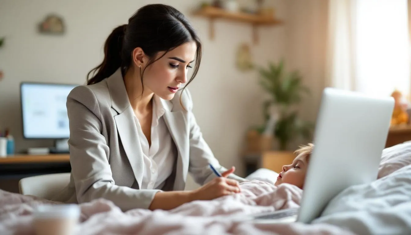 Eine berufstätige Mutter sitzt an ihrem Schreibtisch im Homeoffice und betreut gleichzeitig ihr krankes Kind, was den herausfordernden Spagat zwischen Arbeit und Kinderbetreuung während der Kinderkrankentage symbolisiert. Im Hintergrund sind Spielzeuge und ein Laptop zu sehen, die die Balance zwischen beruflichen Verpflichtungen und der Pflege eines kranken Kindes verdeutlichen.