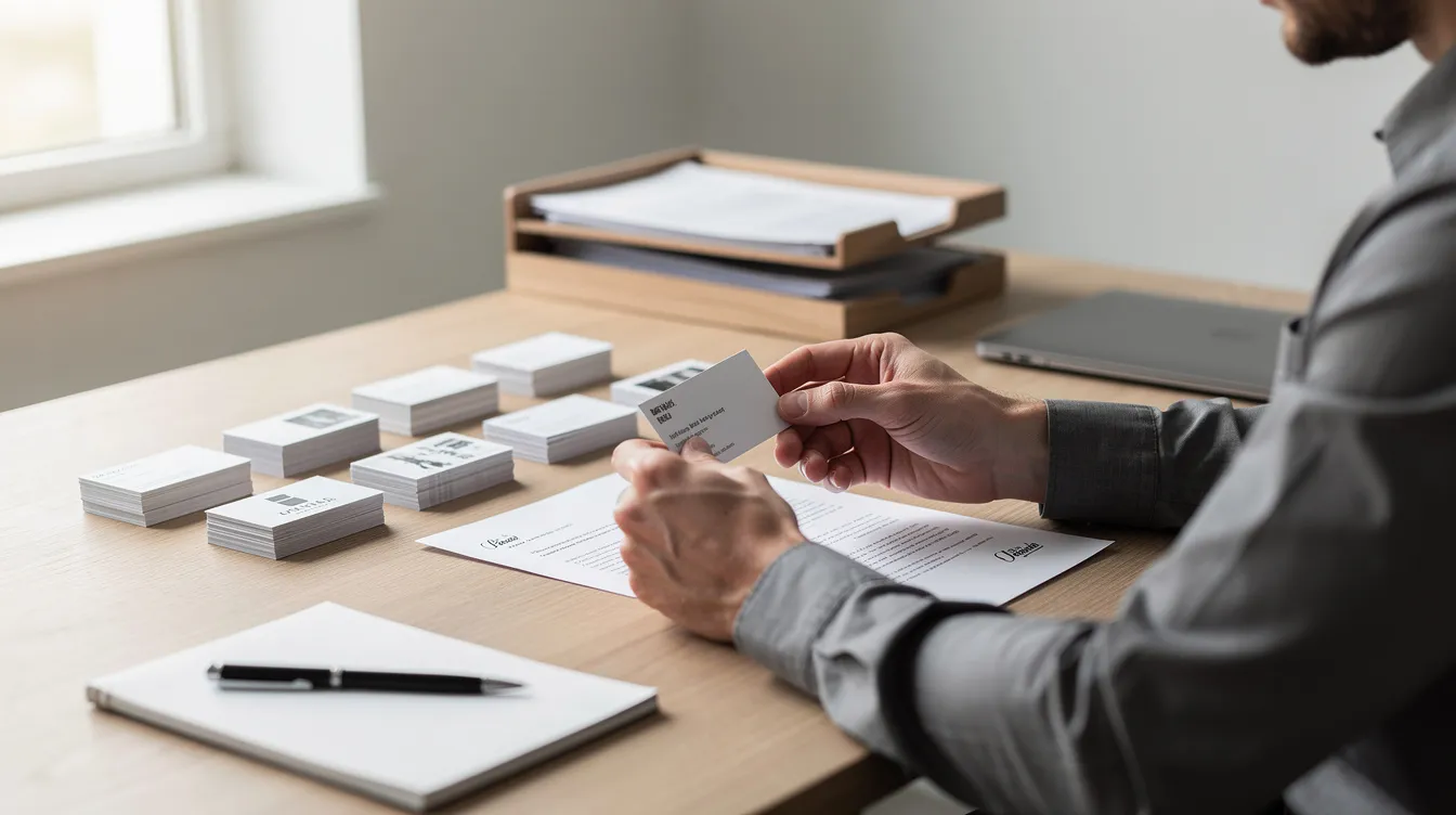 A person is seated at a tidy desk, carefully reviewing various cards and documents, possibly related to 清 卡 數 or 貸款 options. The organized workspace suggests a focus on financial planning, including terms like 還款 期 and 信貸 評 級.