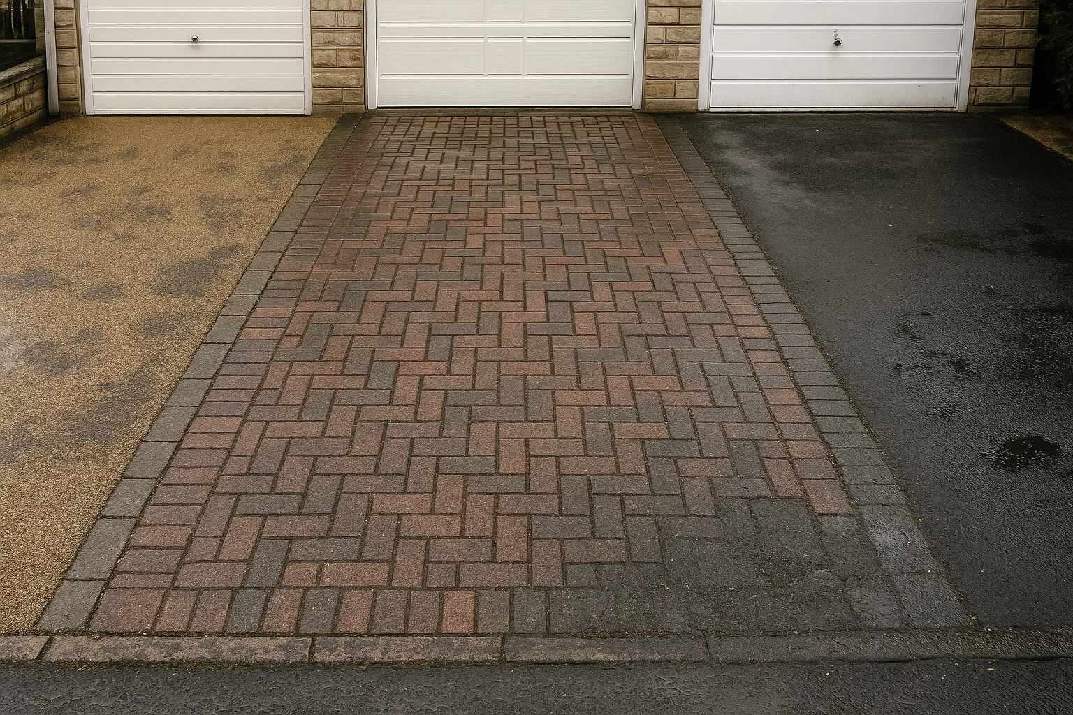 Comparison of resin, block paving, and tarmac driveways after bad weather in the UK.