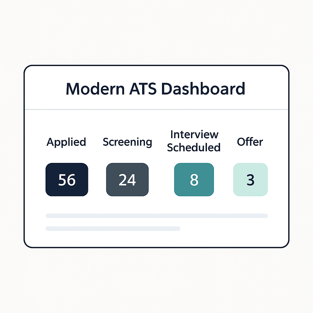 Software interface mockup labeled ‘Modern ATS Dashboard’ showing four recruitment stages—Applied (56), Screening (24), Interview Scheduled (8), and Offer (3)—each displayed in a color-coded box with navy, charcoal, teal, and mint backgrounds.