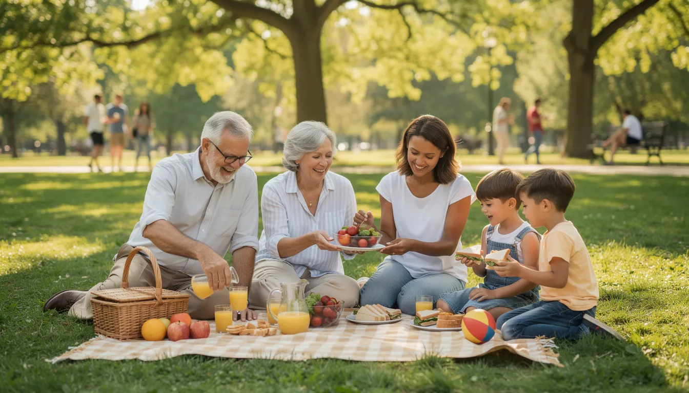 A multi-generational family gathers on a blanket in a lush park, enjoying a picnic filled with various foods while sharing laughter and stories. This heartwarming scene reflects the importance of family connections, much like the significance of planning for retirement savings through options such as a Roth IRA or traditional 401(k).