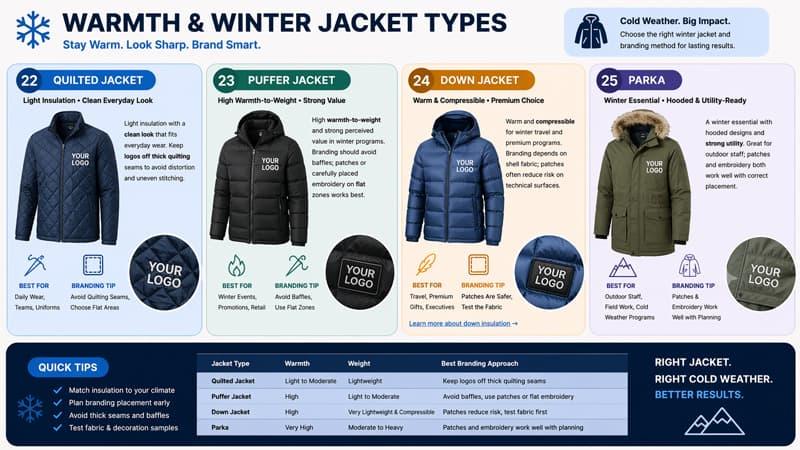 Warmth and winter jacket types infographic with quilted, puffer, down, and parka styles
