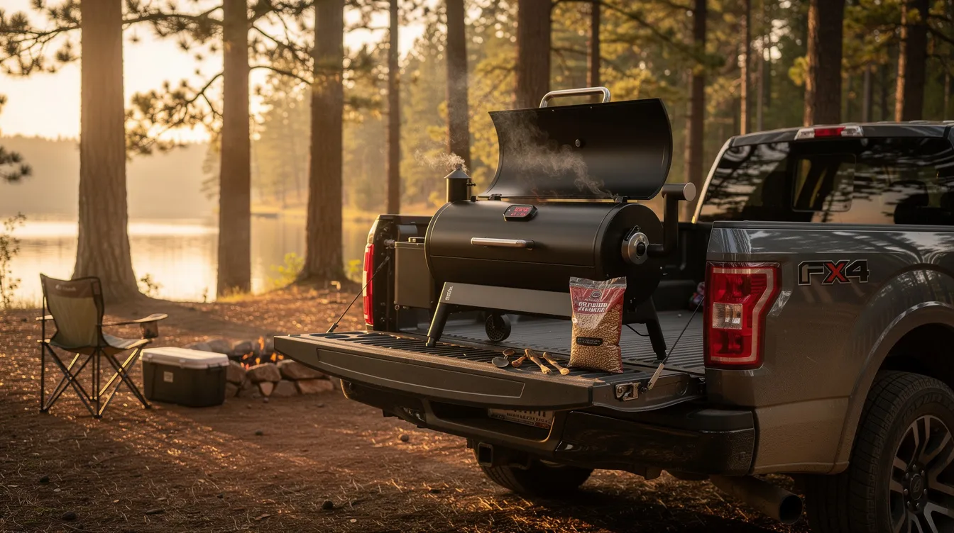 A portable pellet smoker grill is set up on the tailgate of a truck at a campsite, providing a convenient cooking space for outdoor adventures. The compact grill, designed for precise temperature control, is ready to infuse meat with a delicious wood-fired flavor while surrounded by nature.