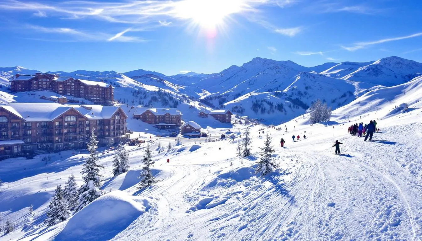 The image depicts a stunning winter landscape of the Brian Head resort area, showcasing ski slopes and cozy lodge buildings blanketed in snow. This picturesque scene captures the essence of Brian Head, a popular destination in southern Utah for families and travelers seeking winter sports and relaxation.