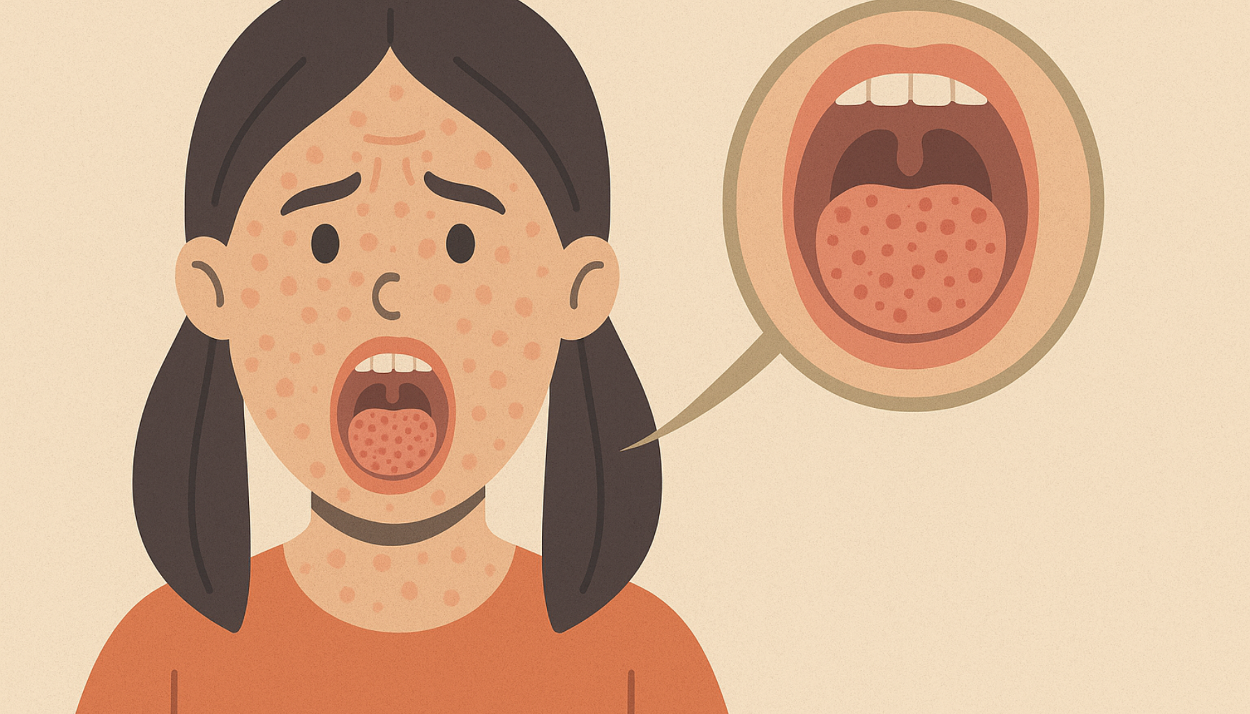 Barn med rubella viser rødt utslett i ansikt og munn, fremhevet med fokus på tunge og slimhinner.