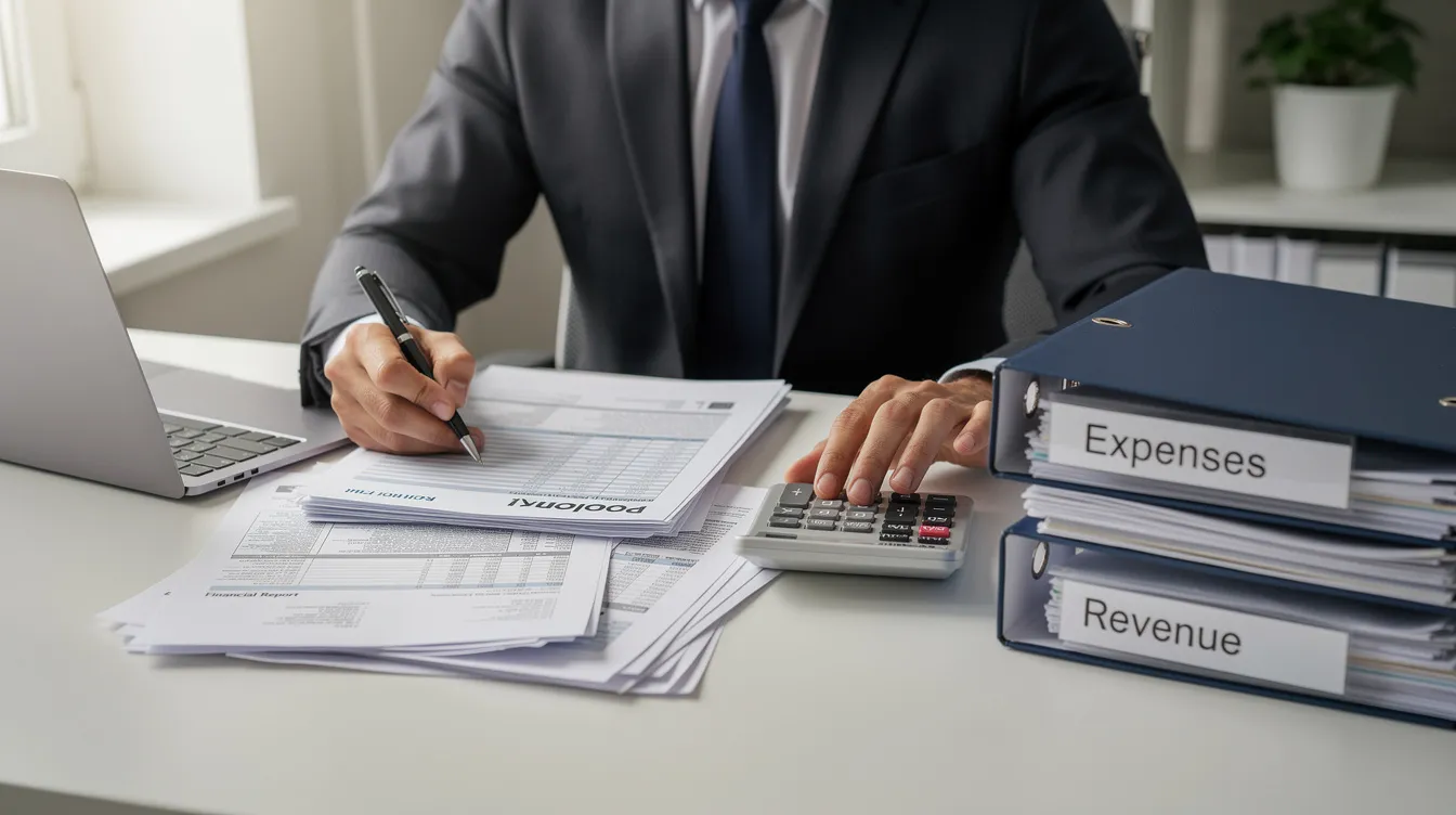 An individual is seated at a desk, meticulously reviewing financial paperwork related to investment properties, accompanied by a calculator. The scene suggests a focus on aspects like down payments, closing costs, and cash flow, essential for real estate investors evaluating their investment property financing options.