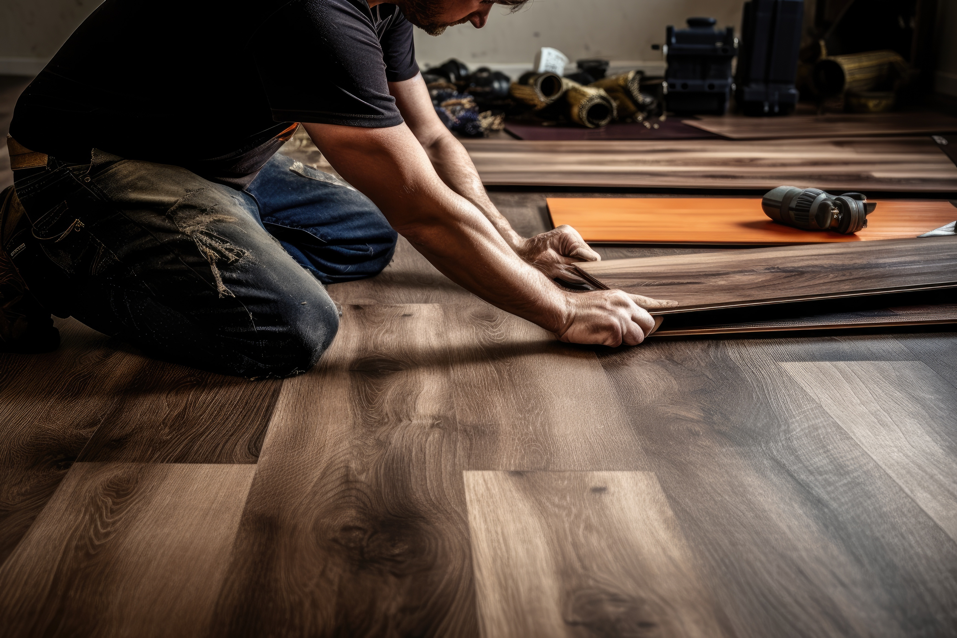 A person is installing laminate flooring.