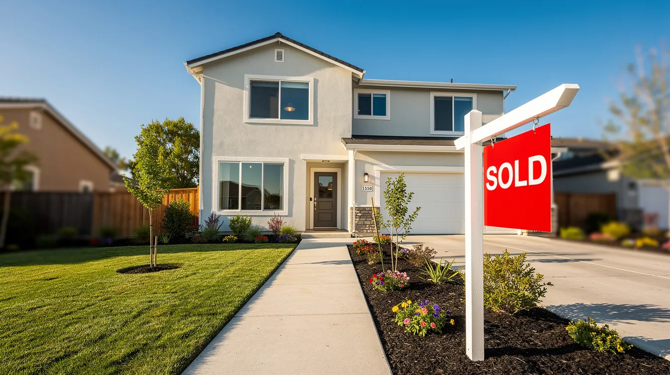 The image depicts a newly renovated suburban home with fresh landscaping and a "Sold" sign prominently displayed in front, set against a clear blue sky. This scene captures the essence of real estate transactions and the successful completion of a property sale, highlighting the importance of financing options such as gap loans for potential buyers.