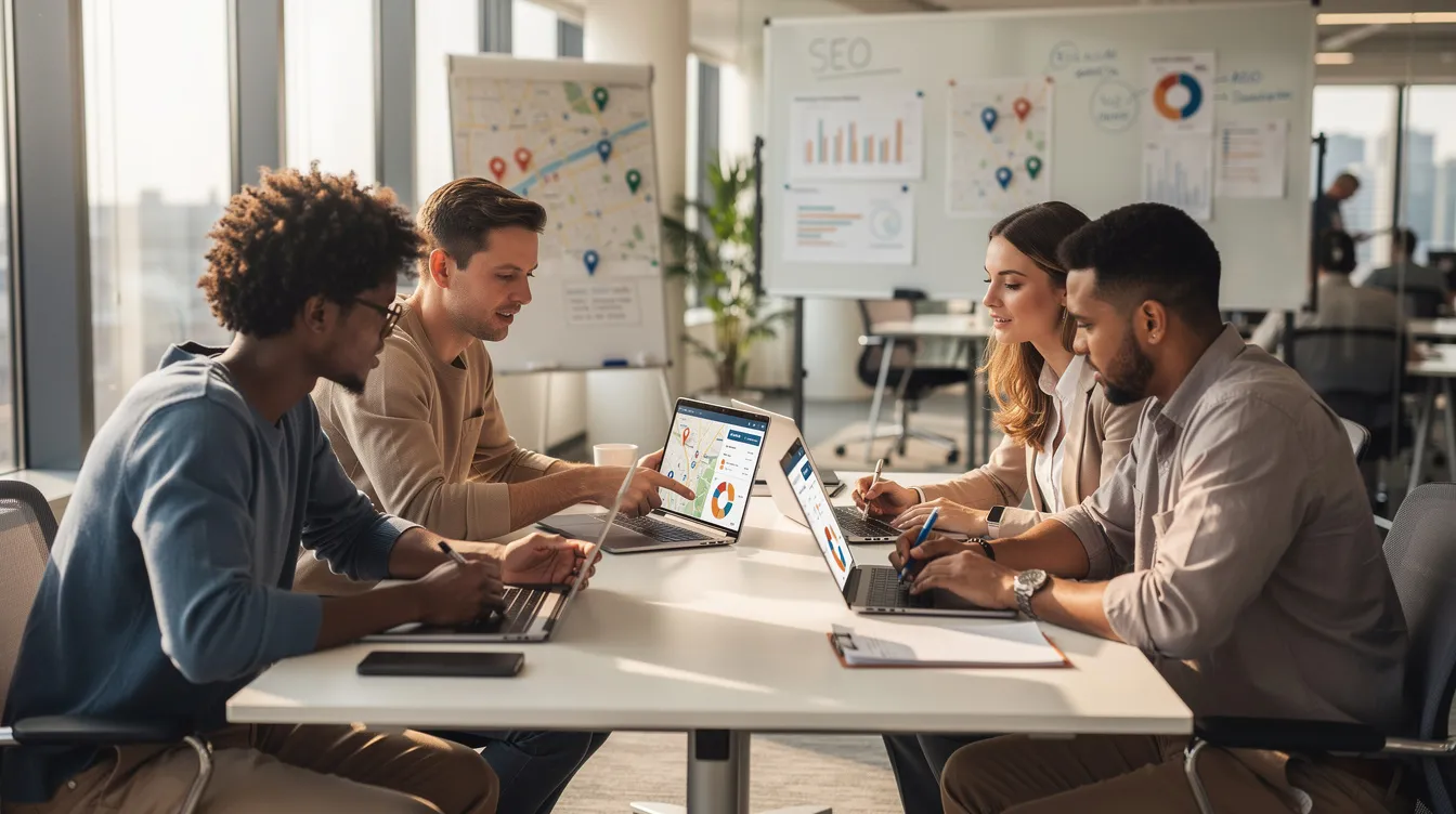 A diverse agency team is gathered around laptops, analyzing local search performance data, discussing market trends and strategies to improve their online store visibility. The atmosphere is focused, as they aim to enhance their business operations and better serve their clients in the competitive landscape of online resellers.