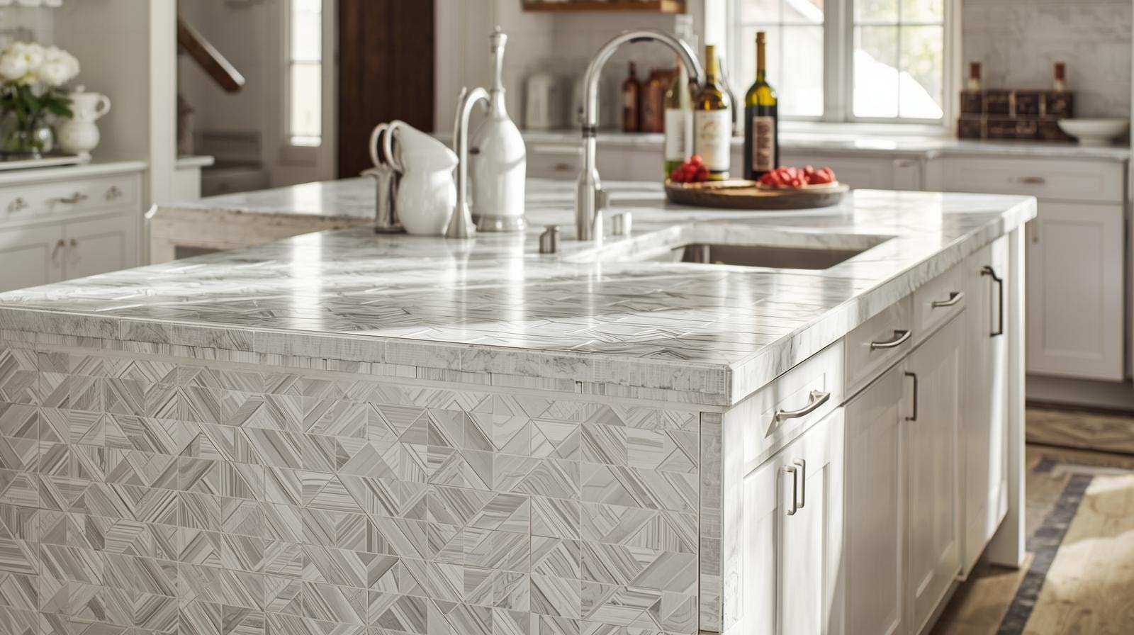 L-Shaped Tiled Kitchen Island with textured tiles