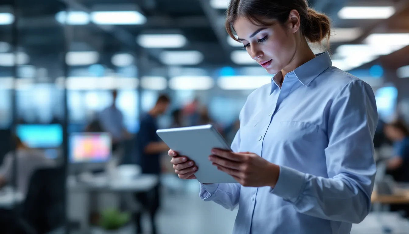 Ein Mitarbeiter prüft ein rollierendes System auf einem Tablet während der Arbeit, um die Schichtplanung in Zeitintervallen zu optimieren und die Organisation der Arbeitsplätze zu verbessern. Die Darstellung zeigt die effektive Nutzung von Schichtmodellen zur besseren Verteilung der Arbeitszeiten in der Produktionsumgebung.
