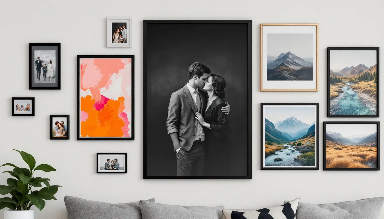A family photo gallery wall balancing black and white photos with color images.