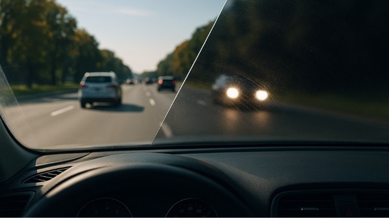 A very dark windshield film is hindering the view while driving