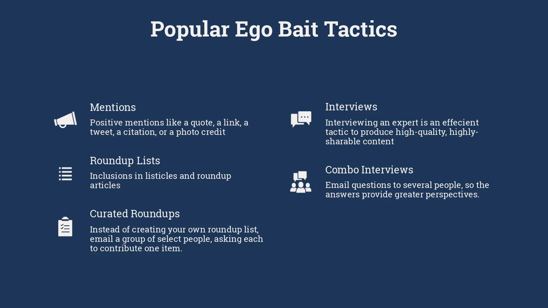 graphic with list of popular Ego Bait tactis