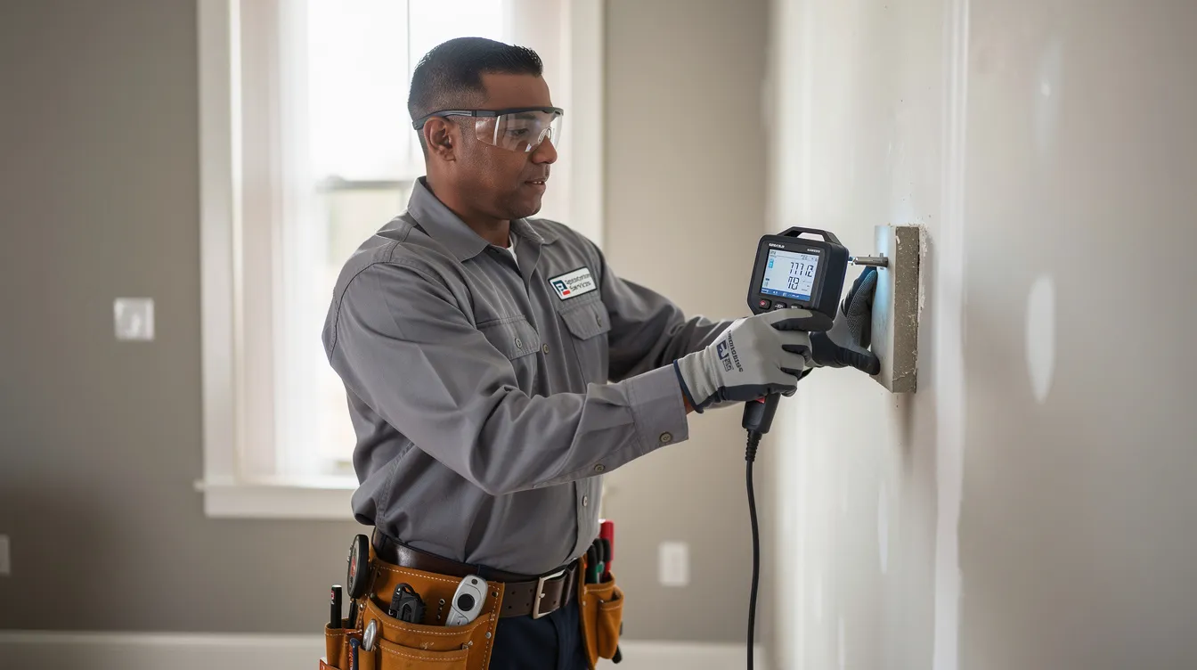 A professional restoration technician is using handheld moisture detection equipment on an interior wall to assess for hidden moisture, which could indicate water damage from sources like burst pipes or storm flooding. This inspection is crucial in the restoration process to prevent mold growth and further damage, ensuring the property is returned to its pre-loss condition.