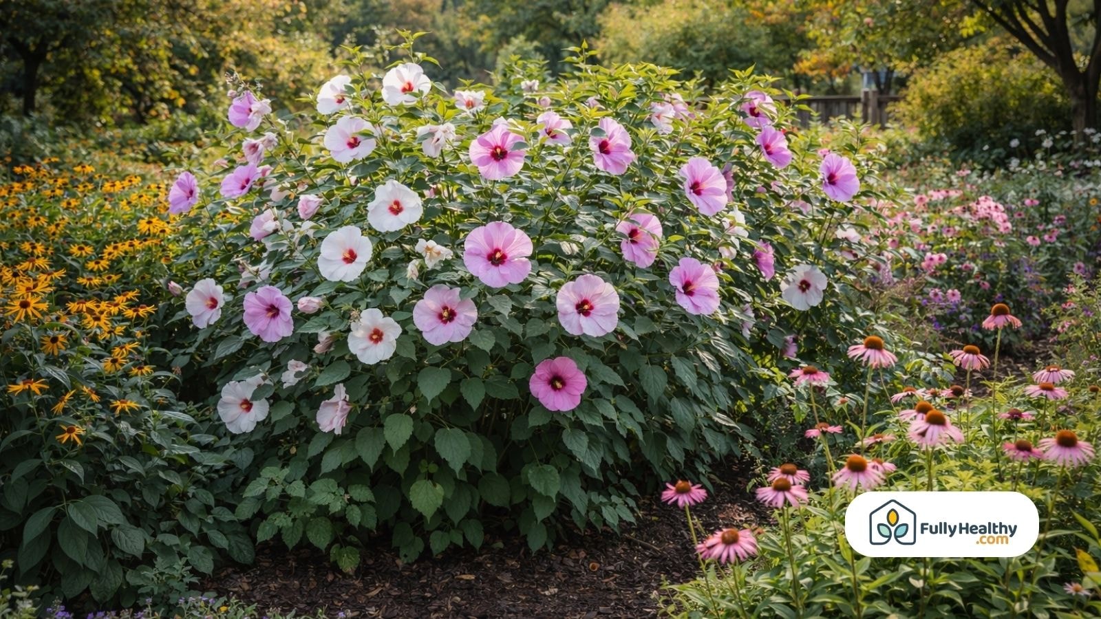 White and pink hibiscus flowers bloom beside yellow wildflowers