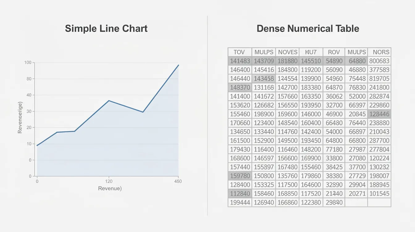 The image features a simple line chart illustrating quarterly revenue trends, highlighting a noticeable dip among the data points, alongside a dense numerical table filled with complex data. This effective data visualization contrasts the visual perception of trends with the detailed numerical data, making it easier for viewers to process key insights.