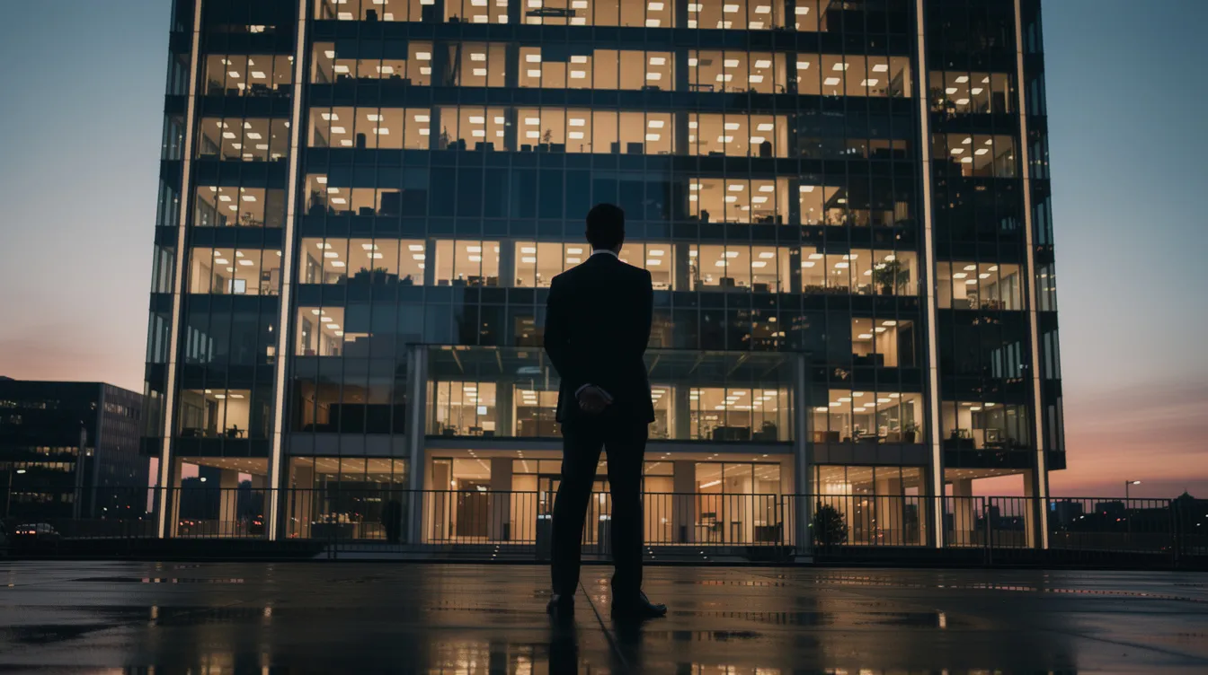 Een silhouet van een zakenman staat voor een modern kantoorgebouw, wat de dynamiek van de Nederlandse zakenwereld symboliseert. Dit beeld roept associaties op met succesvolle investeerders zoals Marcel Boekhoorn en zijn investeringsmaatschappij Ramphastos Investments.