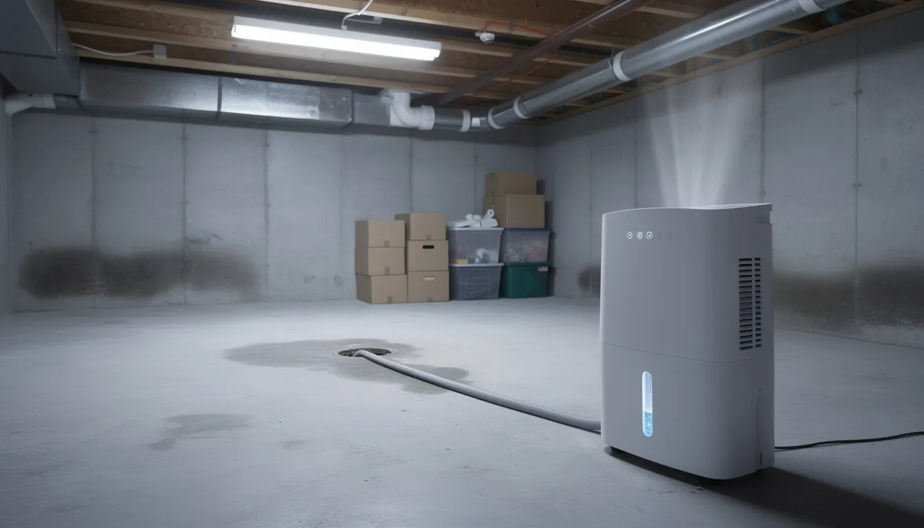 A dehumidifier is actively running in a residential basement with concrete walls, helping to reduce high humidity levels that can lead to mold growth and serious health risks. This device is essential for preventing mold contamination and ensuring a safe living environment.