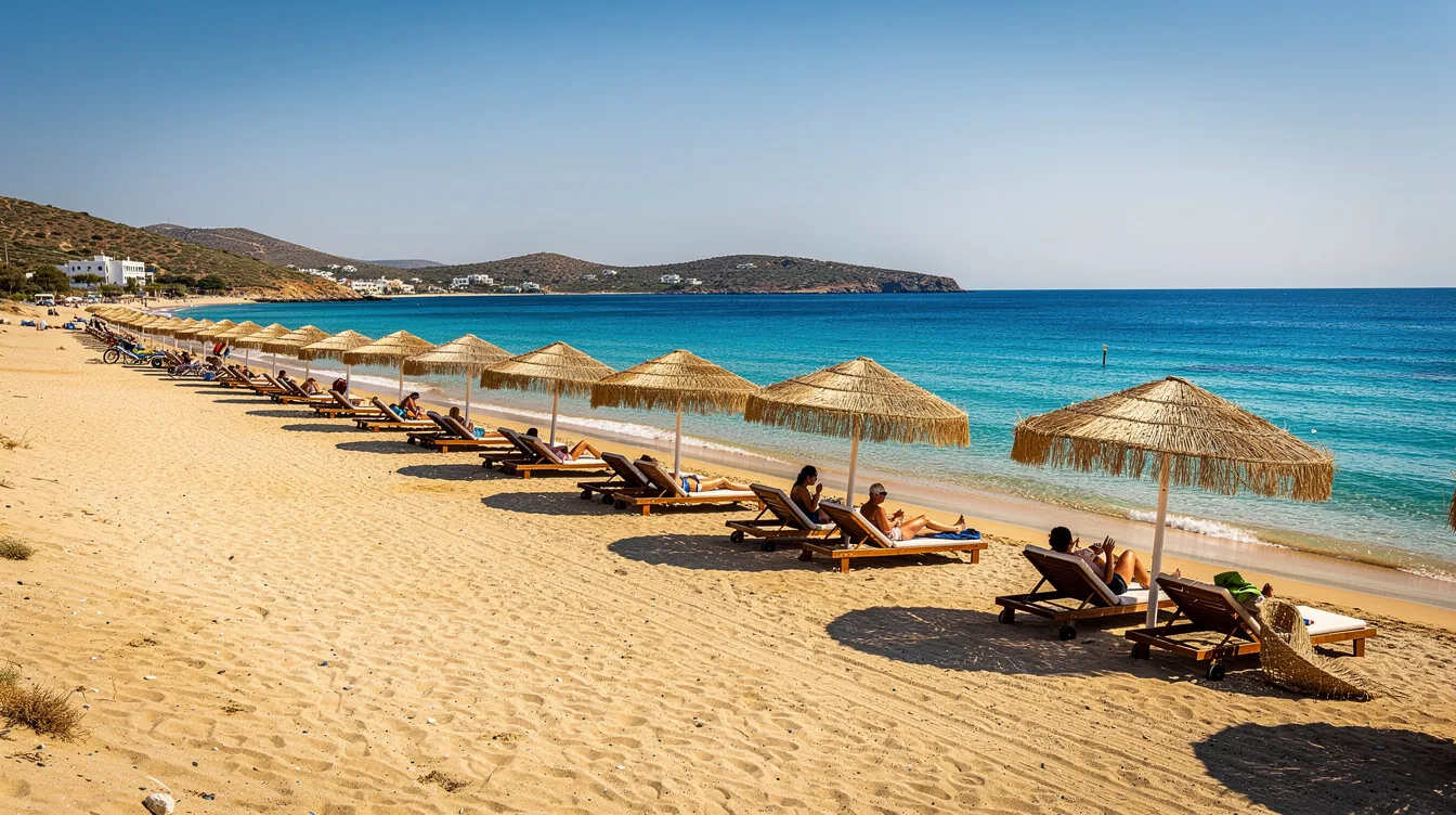 Ein griechischer Sandstrand mit Sonnenschirmen und einem türkisblauen Meer lädt zum Entspannen ein. Dieser traumhafte Ort ist ideal für einen Urlaub in Griechenland, besonders für Gäste, die ein Rundum-sorglos-Paket mit all inclusive Angeboten suchen.