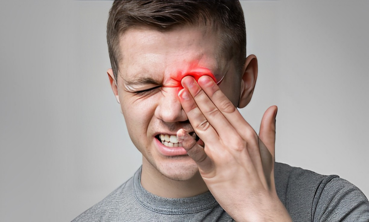 A photo of a man rubbing his itchy eye 