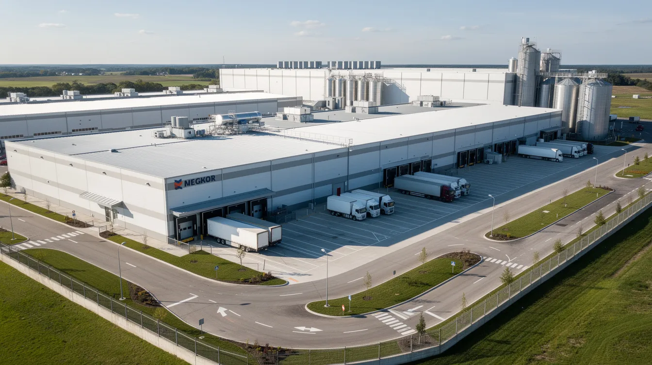 An aerial view of a modern food processing factory showcases multiple industrial buildings and loading bays, emphasizing the extensive production capacities for plant proteins and processed pulse commodities. The facility is designed for efficient plant operations, contributing to the rising consumer demand for sustainable food production and plant-based dietary patterns.