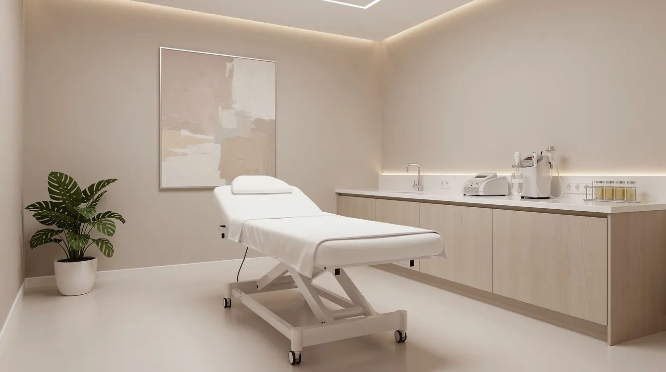 The image depicts a modern treatment room in Philadelphia, featuring soft lighting and clean surfaces that create a calming atmosphere for patients. This dedicated space reflects a commitment to rejuvenative medicine and overall health, enhancing the well-being and confidence of those seeking comprehensive care services.