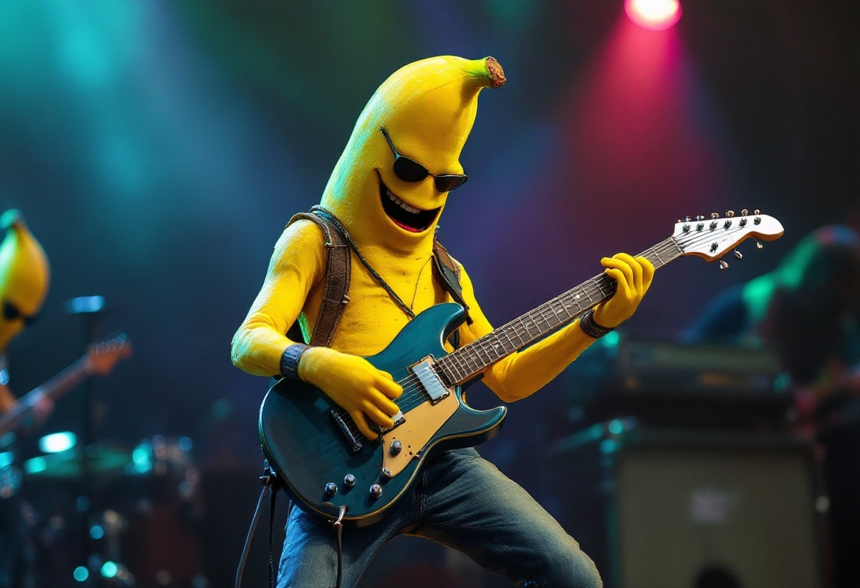 A banana playing guitar in a rock band.