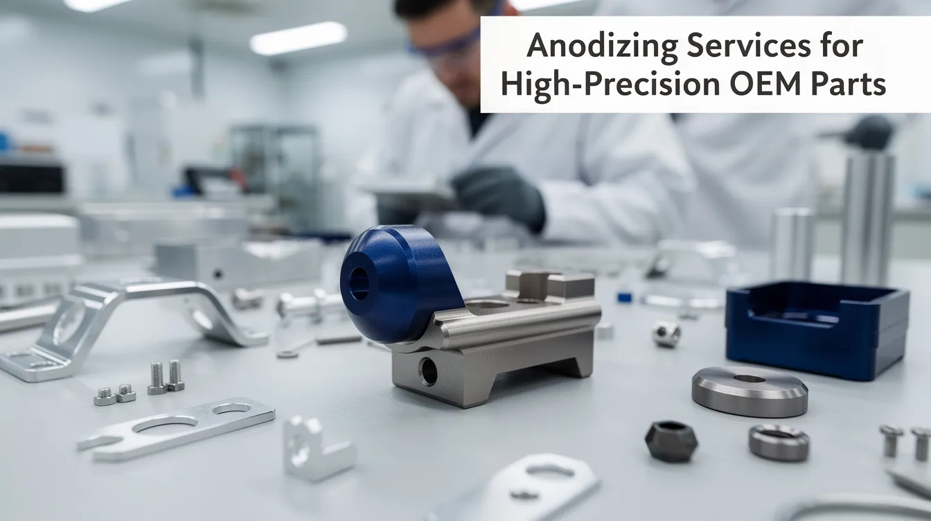 The image showcases a professional anodizing service facility specializing in high-precision aluminum parts, featuring large tanks for various anodizing processes, including type II and type III anodizing. The environment is designed to ensure quality metal finishing and durability, catering to demanding applications in industries such as aerospace and automotive.