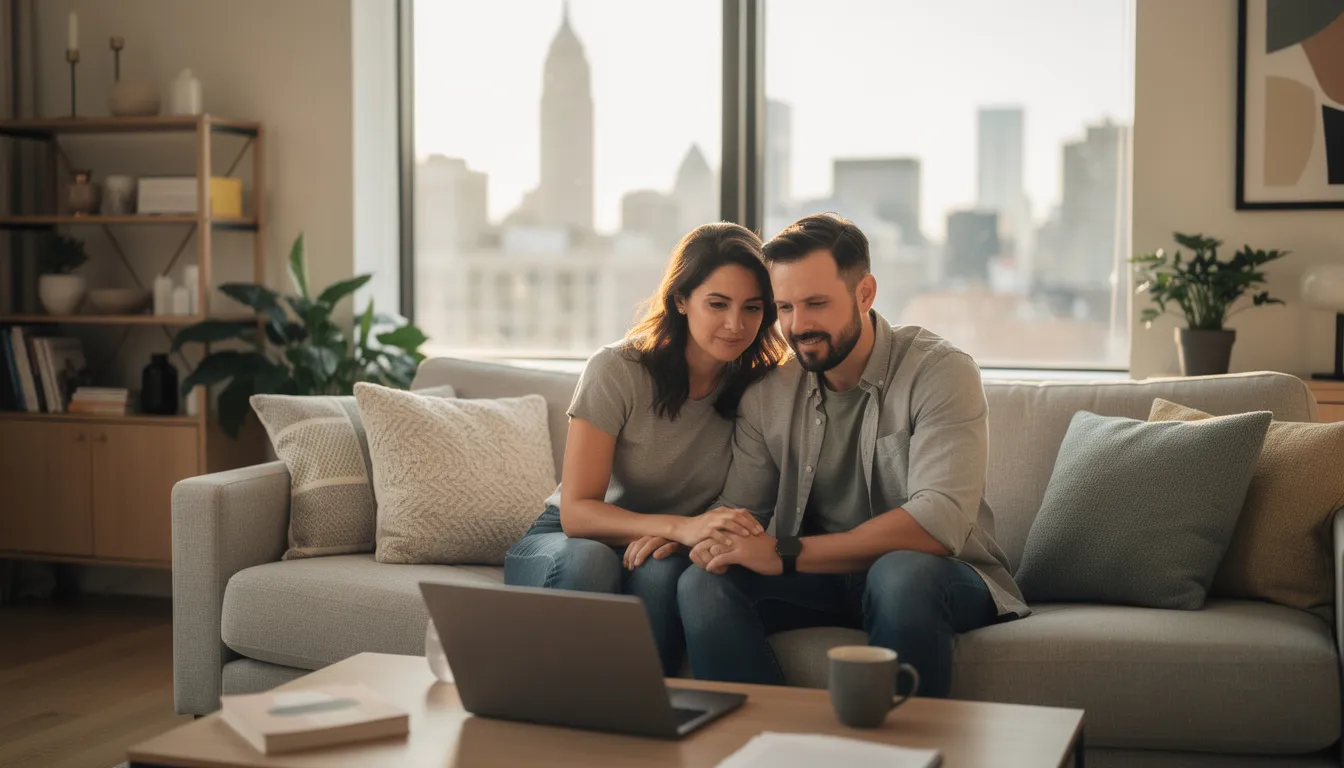 A couple in their late 30s sits closely together on a couch in a modern New York City apartment, engaging in an online couples therapy session on a laptop. The warm natural light illuminates their slightly tense yet hopeful expressions, reflecting the emotional distance often seen in relationships facing contempt, while the Manhattan skyline subtly frames their journey toward rebuilding mutual respect and effective communication.