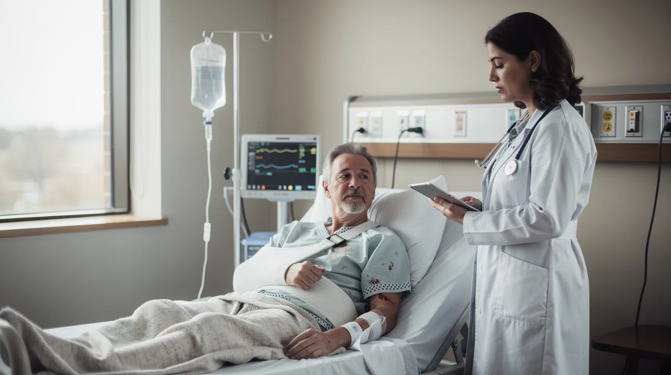 The image depicts a hospital recovery scene where a patient with visible injuries is resting in a hospital bed, wearing a sling and light bandaging. A medical provider stands beside the bed, reviewing digital medical records on a tablet, amidst a clean and modern hospital room filled with soft natural light, emphasizing the calm and professional atmosphere essential for serious injury recovery, relevant to personal injury claims and car accident cases.