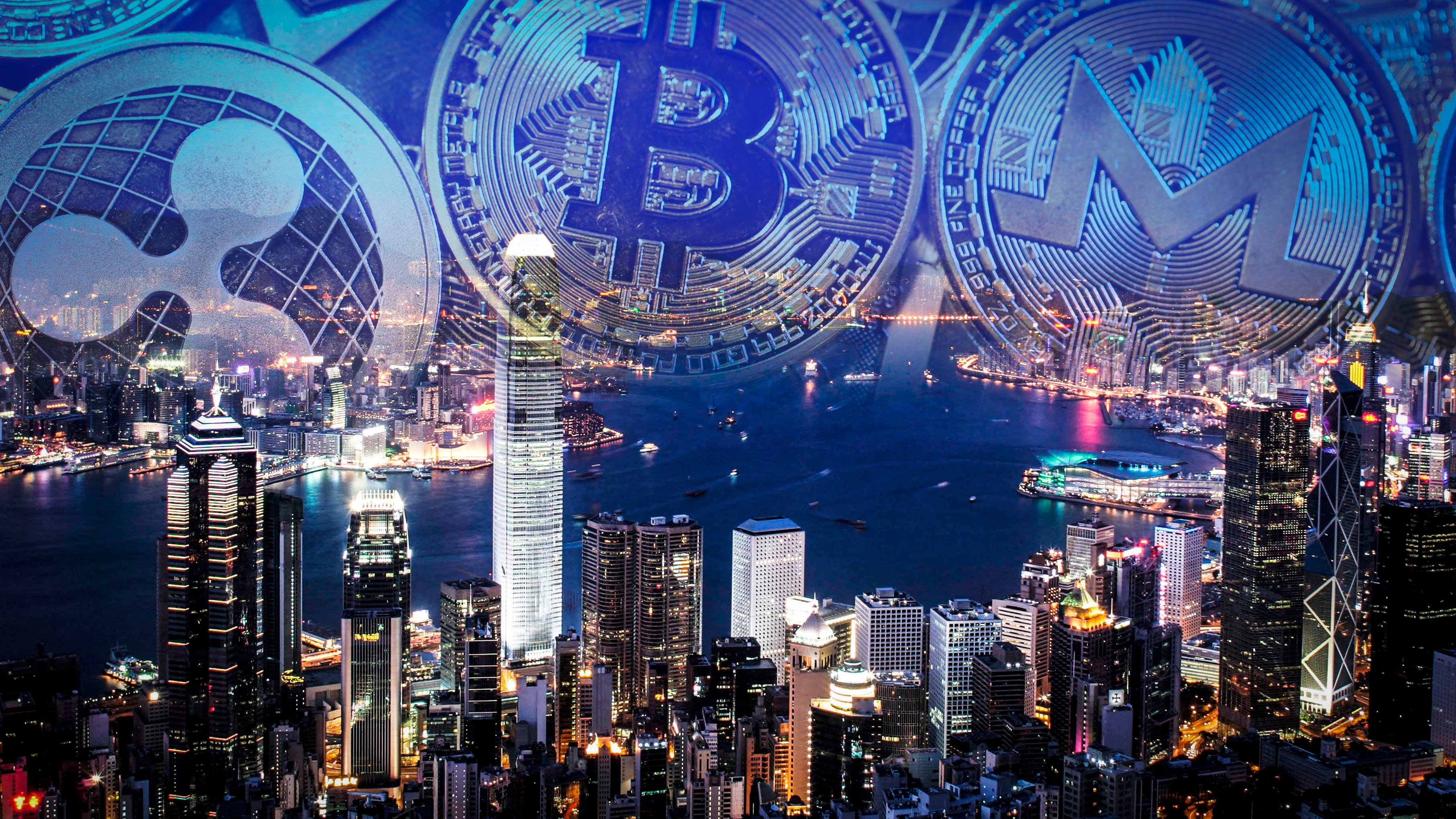 Image of Hong Kong skyline, with cryptocurrency logos in sky