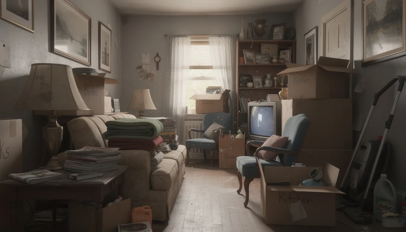 The image depicts a cluttered room filled with old furniture, boxes, and various household items that are awaiting removal, highlighting the need for efficient cleanout services. This space is indicative of a property in transition, where landlords and property managers may require professional junk removal to prepare for new tenants.
