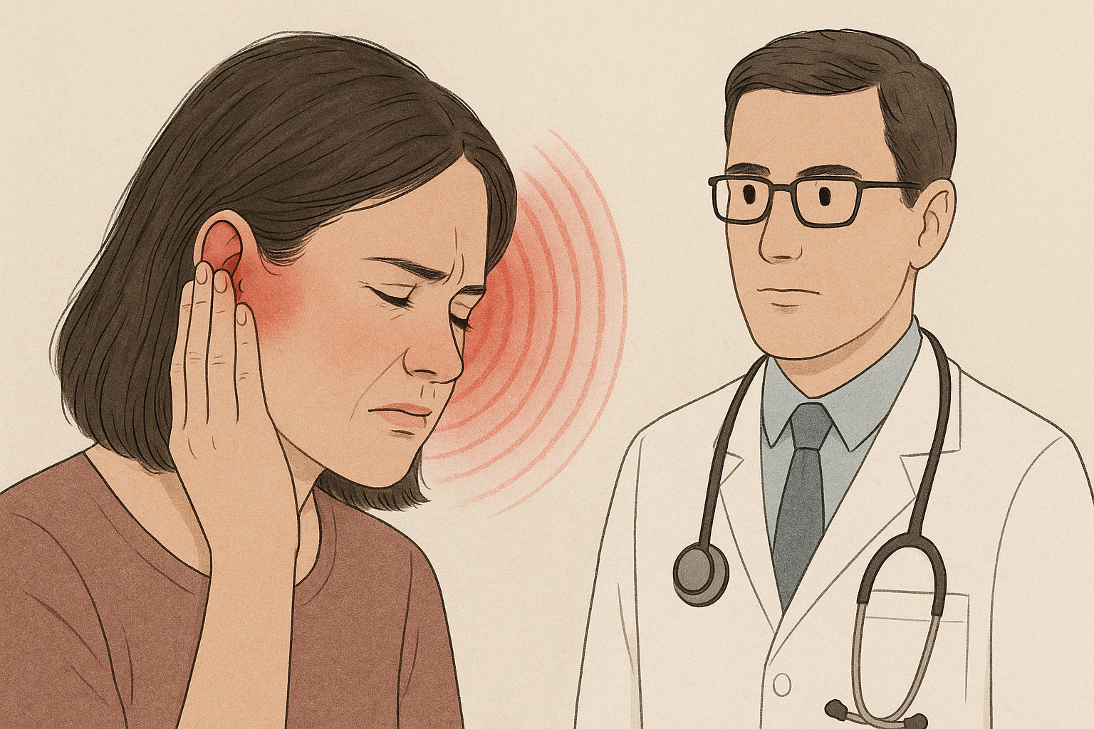 Kvinne med øresmerter holder hodet mens lege vurderer tilstanden under konsultasjon med fokus på smerte og bekymring.