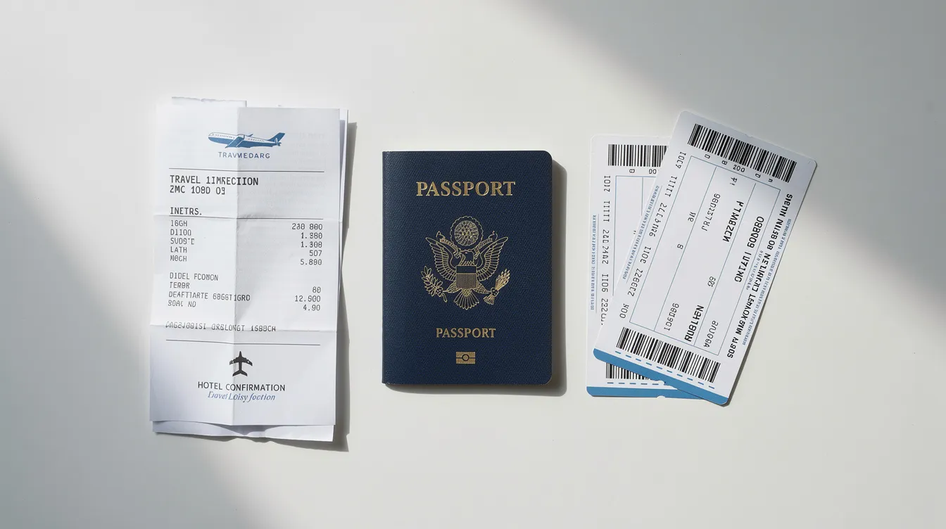 The image features neatly organized travel documents, including a valid passport and printed boarding passes, arranged on a clean white surface, highlighting essential information for the schengen visa application process. This setup emphasizes the importance of having all required documents ready for intended travel dates to schengen member states.