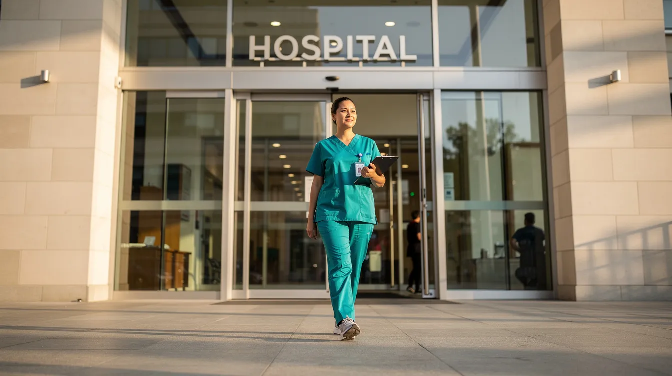 A healthcare professional in scrubs is walking towards the entrance of a modern hospital building, exemplifying the vital role of pharmacy technicians in patient care and medication management within a pharmacy setting. This image highlights the professional environment that supports the training and certification of pharmacy technicians in Connecticut.