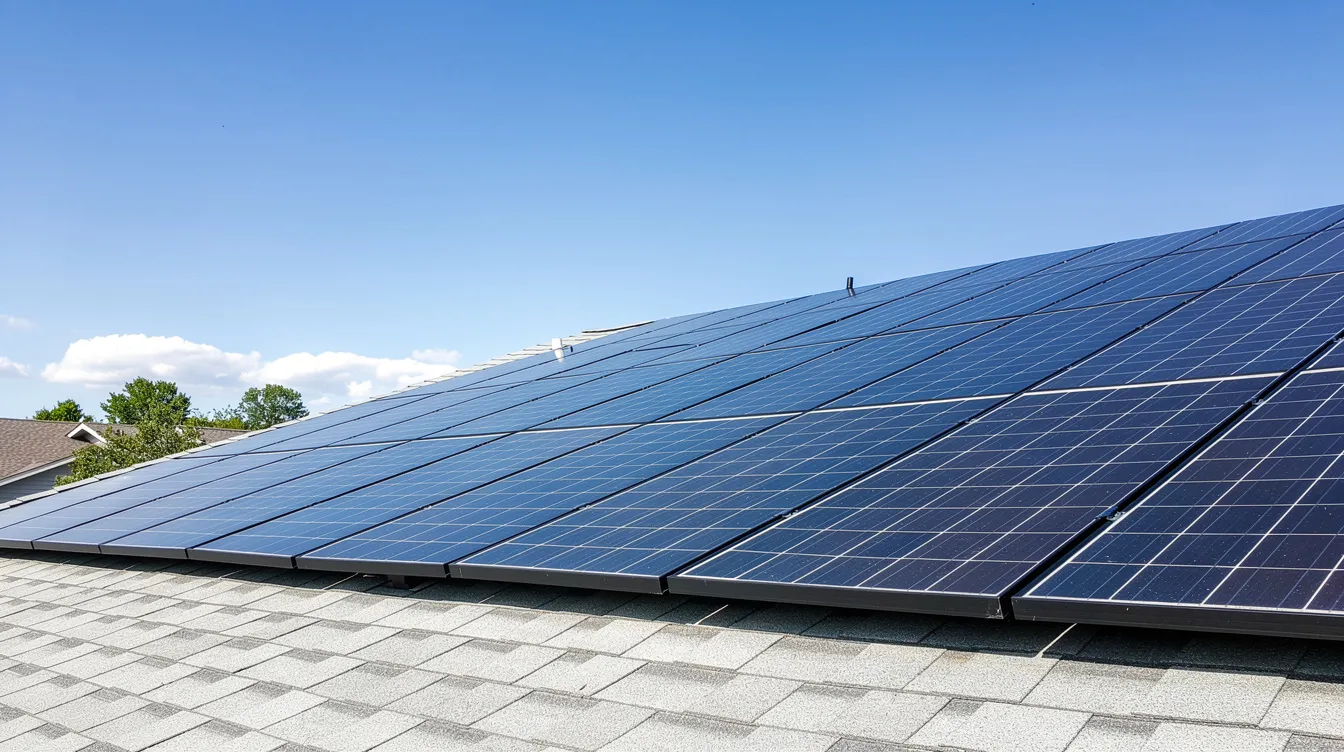 The image shows solar panels installed on a suburban residential rooftop against a clear blue sky, highlighting a commitment to renewable energy and sustainability investments. This installation reflects energy efficiency practices that contribute to reducing greenhouse gas emissions and align with environmental sustainability goals.