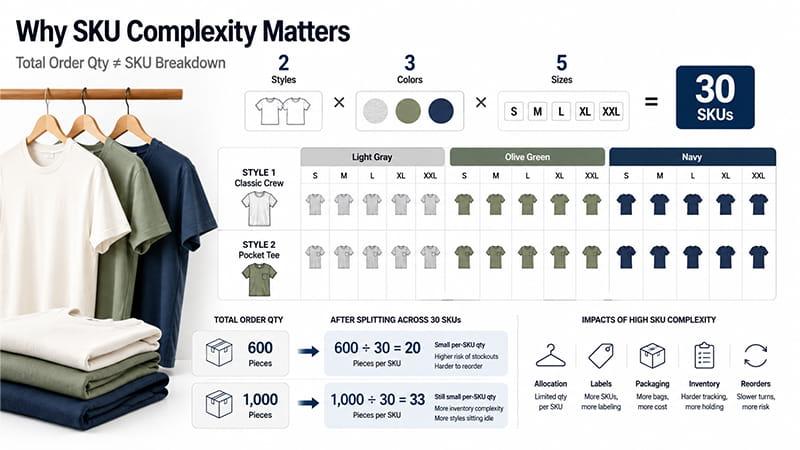 SKU complexity example showing how two clothing styles, three colors, and five sizes create 30 SKUs