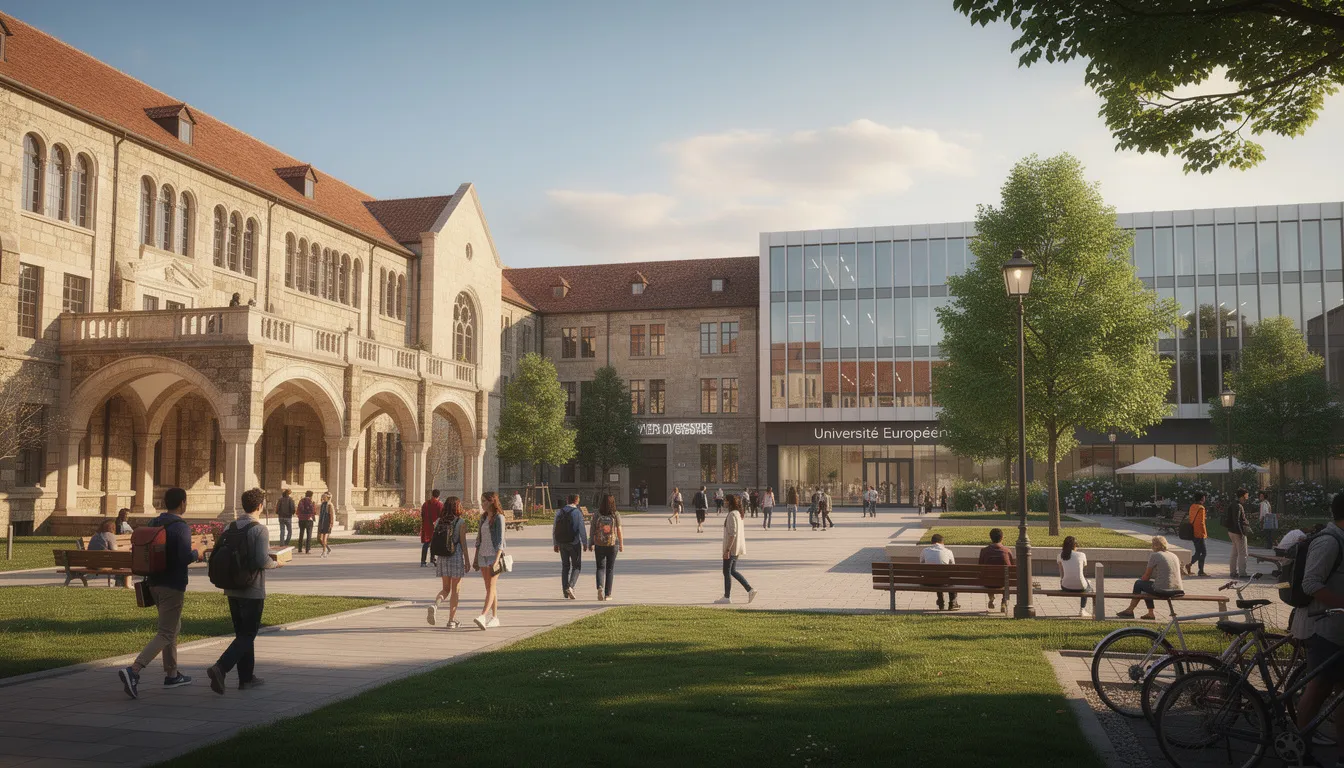 Un campus universitaire européen historique, où des étudiants se déplacent entre des bâtiments anciens et modernes, symbolisant l'expérience d'étudier à l'étranger après le bac. Ce lieu vibrant offre des opportunités uniques pour les bacheliers souhaitant explorer leur parcours académique à l'international.
